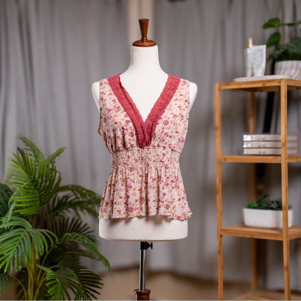 Ardene Pink and Orange Sleeveless Smocked Peplum Blouse